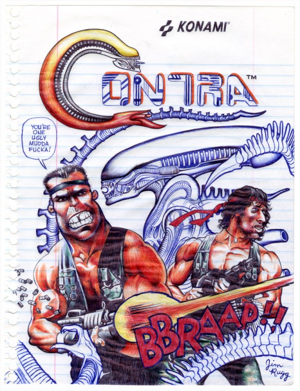 Contra with Arnold Schwarzenegger and Sylvester Stallone Pen Drawing by Jim Rugg