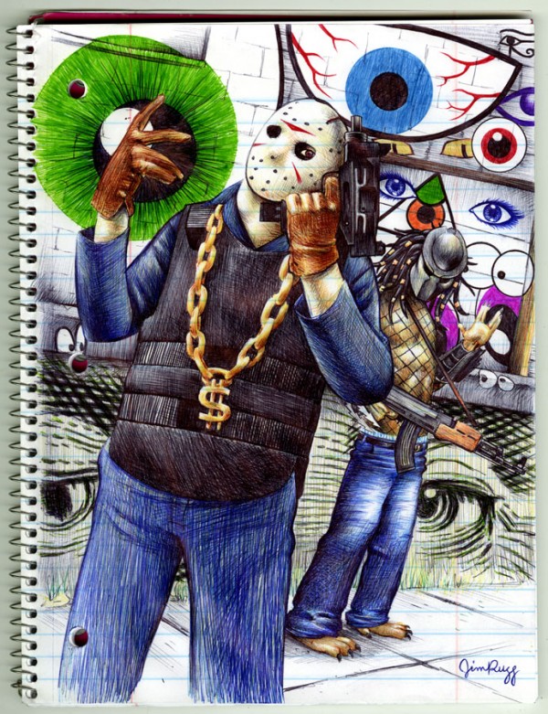 Jason Voorhees and the Predator Gangsta Pen Drawing by Jim Rugg