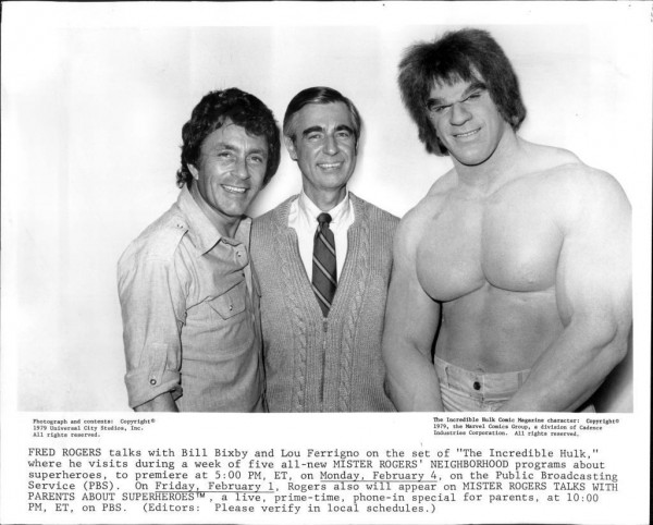 Bill Bibxy, Lou Ferrigno, and Mr. Rogers on set of The Incredible Hulk 1979