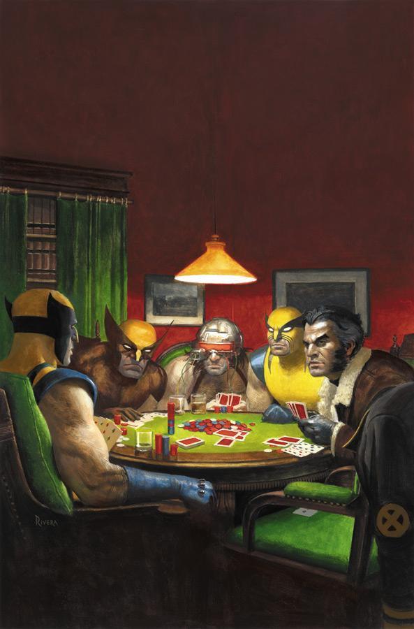 Wolverines Playing Poker - AMAZING SPIDER-MAN #590 Wolverine Art Appreciation variant cover by Paolo Rivera in the style of C.M. Coolidge