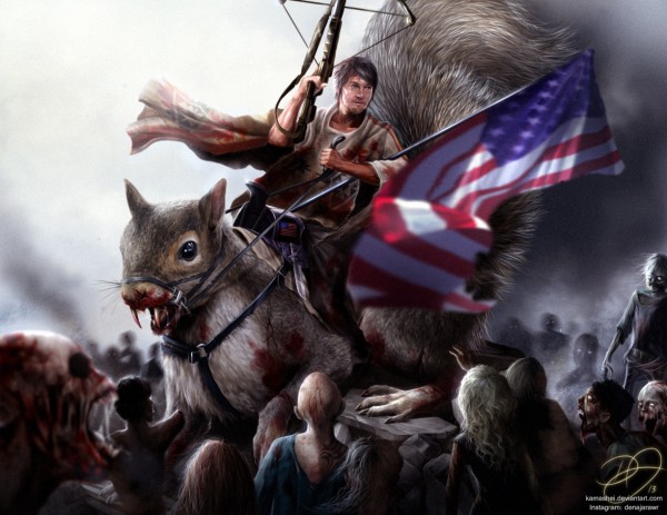Daryl Dixon Riding Giant Squirrel with Crossbow and American Flag - Walking Dead FanArt