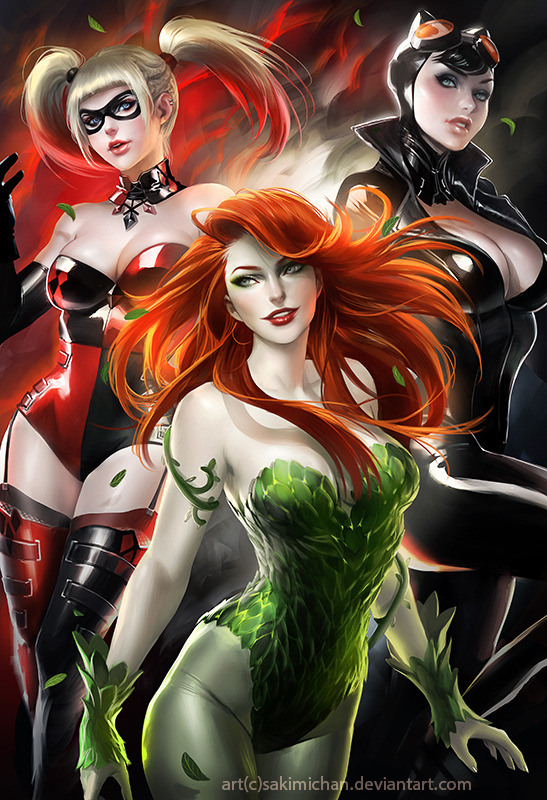 Poison Ivy, Harley Quinn & Catwoman by Sakimichan