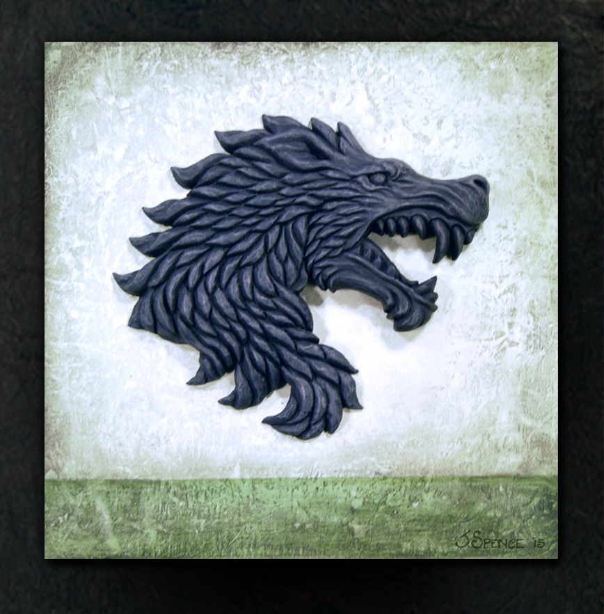 Detailed depiction of house stark's direwolf sigil on a shield