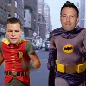 Mashup of Ben Affleck and Matt Damon with Adam West and Burt Ward as Batman and Robin.