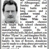 Breaking Bad: Walter White Obituary in Albuquerque Newspaper