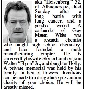 Breaking Bad: Walter White Obituary in Albuquerque Newspaper