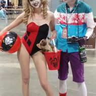 Harley Quinn in swimsuit and Joker in Killing Joke Hawaiian Shirt